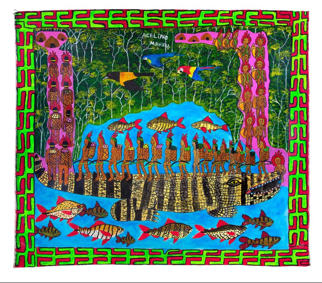 Acelino Tuin Huni Kuin, Movimento dos Artistas Huni Kuin Kapenawe pukenibu, 2022 Acrílica sobre lona, 140 x 115cm Comissionamento MASP