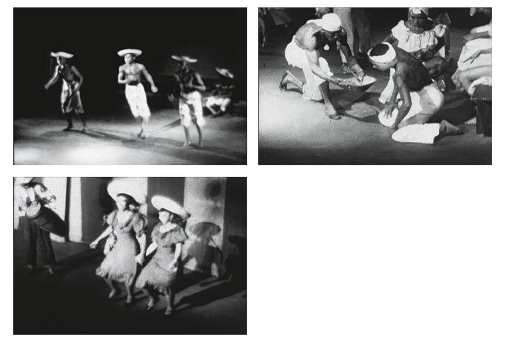 Apresentações de Katherine Dunham, filmadas em 1947 e 1956 Stills dos filmes Shango, Charm Dance from “L’Ag’Ya”, Ag’Ya Fight from “L’Ag’Ya” and Washerwoman. Xangô, Dança do encanto de L’Ag’Ya, briga Ag’Ya de L’Ag’Ya e Lavadeira.