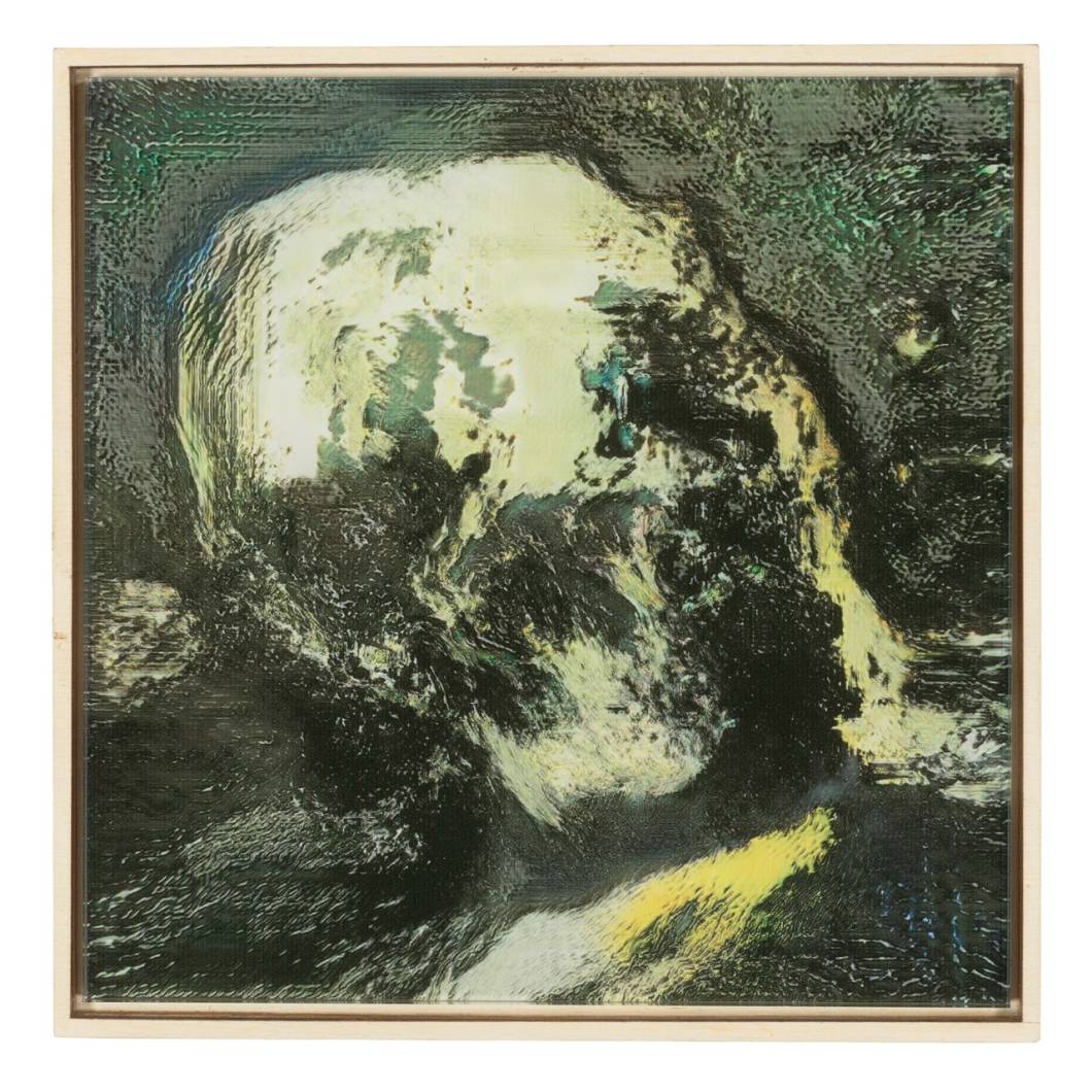 Robbie Barrat (b. 1999) and Ronan Barrot (b.1973), Infinite Skull #21, executed in 2018. UV print on plexiglass. 7 ⅘ x 7 ⅘ in (20 x 20 cm). Estimativa: $10,000-15,000. Robbie Barrat (b. 1999) and Ronan Barrot (b.1973), Infinite Skull #21, executed in 2018. UV print on plexiglass. 7 ⅘ x 7 ⅘ in (20 x 20 cm). Estimativa: $10,000-15,000.