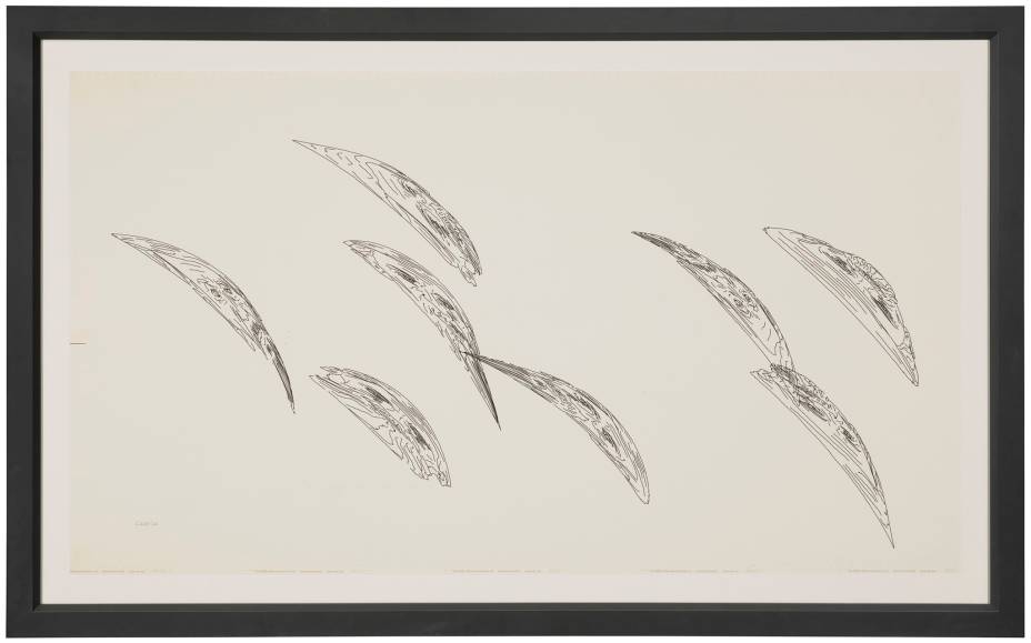 Charles Csuri (1922 - 2022), Bspline Men, 1966. Ink on paper, IMB 7094 and Cal Comp drum plotter. 30⅞ x 57 ⅝ in (78.4 x 146.4 cm).Estimativa: $55,000-65,000.