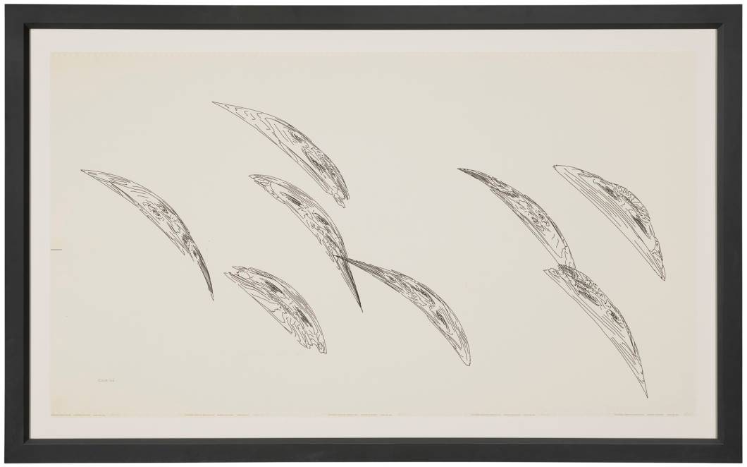 Charles Csuri (1922 - 2022), Bspline Men, 1966. Ink on paper, IMB 7094 and Cal Comp drum plotter. 30⅞ x 57 ⅝ in (78.4 x 146.4 cm).Estimativa: $55,000-65,000. Charles Csuri (1922 - 2022), Bspline Men, 1966. Ink on paper, IMB 7094 and Cal Comp drum plotter. 30⅞ x 57 ⅝ in (78.4 x 146.4 cm).Estimativa: $55,000-65,000.