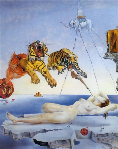dali Sonho Causado pelo Voo de uma Abelha ao Redor de uma Romã um Segundo Antes de Acordar (1944) salvador-dali-surrealismo-surrealista-quadro-pintura-arte