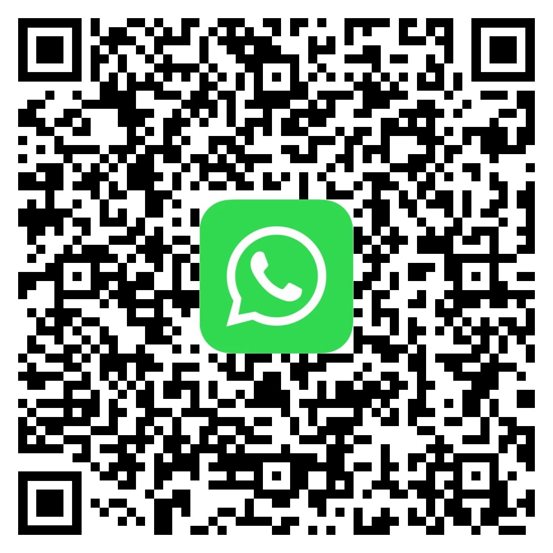 Código QR preto e branco com o logotipo verde do WhatsApp no centro, um balão de fala com um telefone dentro