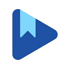 &Iacute;cone de um tri&acirc;ngulo azul escuro, apontando para a direita, com um marcador de p&aacute;gina azul claro no canto superior esquerdo, simbolizando v&iacute;deo ou reprodu&ccedil;&atilde;o e salvamento