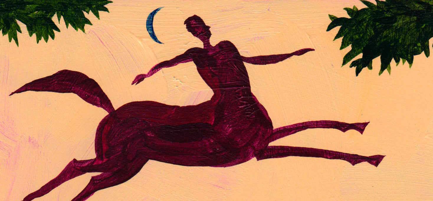 Pintura de um centauro em tons de vinho correndo sob uma lua crescente azul, com folhagens verdes nos cantos superior esquerdo e direito, sobre um fundo bege claro